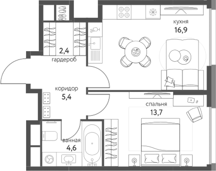 Планировка однокомнатная 43 м² в ЖК «Сиреневый парк», корпус 3