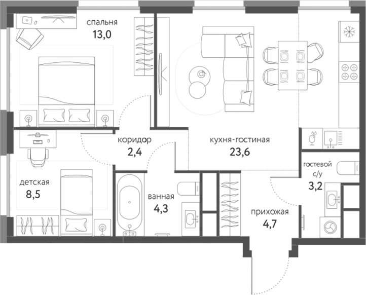 Планировка евротрёшка (3Е) 59.7 м² в ЖК «Сиреневый парк», корпус 3