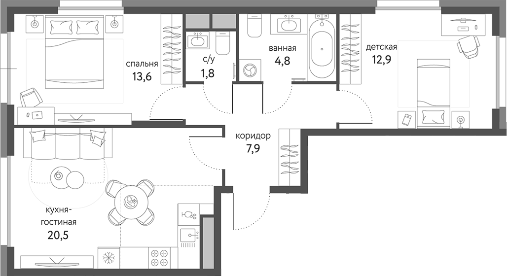 Планировка евротрёшка (3Е) 61.5 м² в ЖК «Сиреневый парк», корпус 4