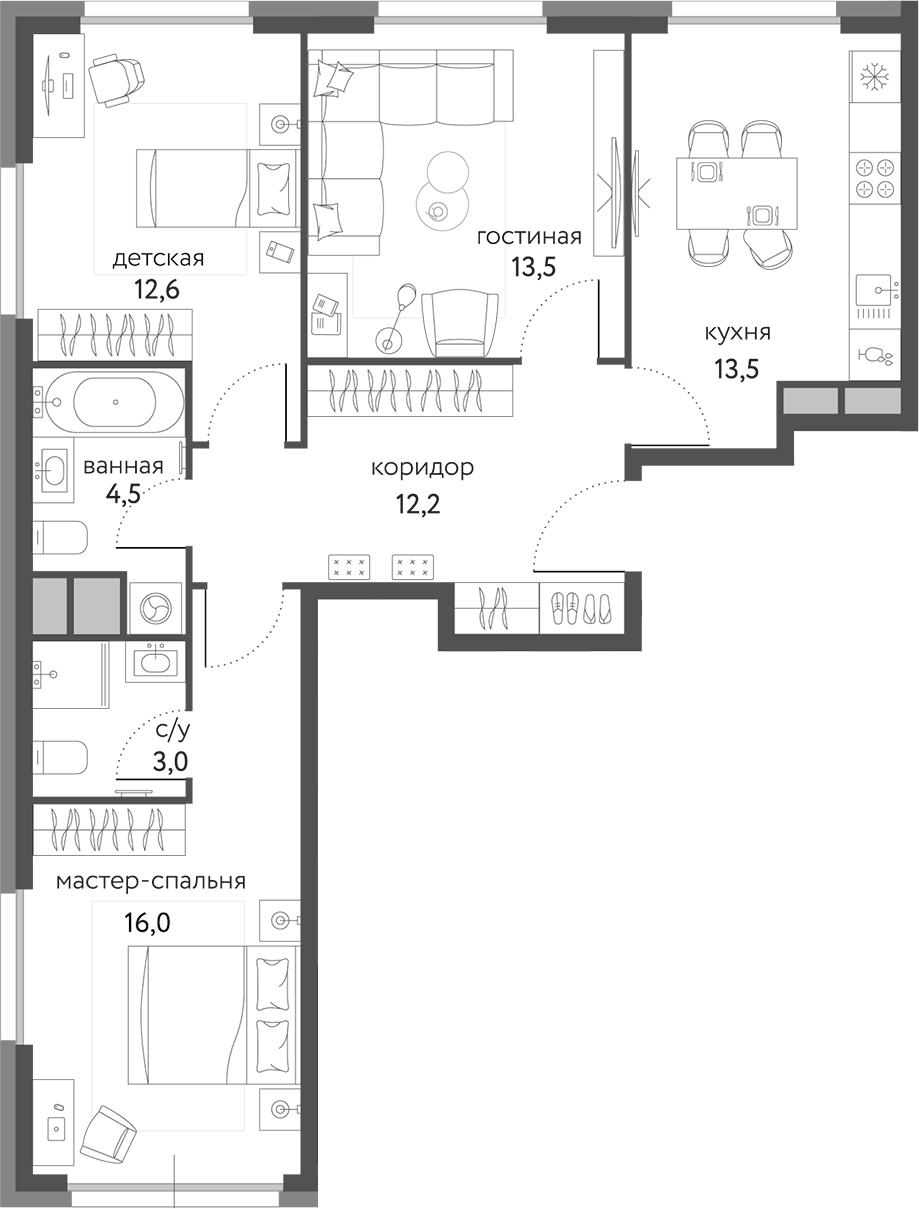 Планировка трёхкомнатная 75.3 м² в ЖК «Сиреневый парк», корпус 4