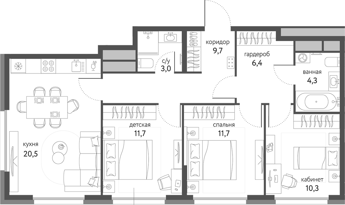 Планировка трёхкомнатная 77.6 м² в ЖК «Сиреневый парк», корпус 3