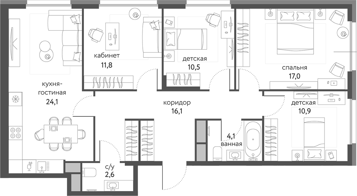 Планировка четырёхкомнатная 97.1 м² в ЖК «Сиреневый парк», корпус 4