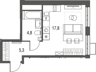 Планировка Студии 27.9 м² в ЖК «Сиреневый парк», корпус 2
