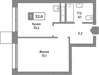 Планировка однокомнатная 32.6 м² в ЖК «Сити квартал Отрада», корпус Нова (2)