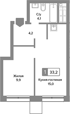Планировка евродвушка (2Е) 33.2 м² в ЖК «Сити квартал Отрада», корпус Нова (2)