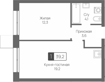 Планировка евродвушка (2Е) 39.2 м² в ЖК «Сити квартал Отрада», корпус Терра (3)