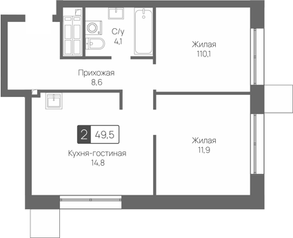 Планировка евротрёшка (3Е) 49.5 м² в ЖК «Сити квартал Отрада», корпус Терра (3)
