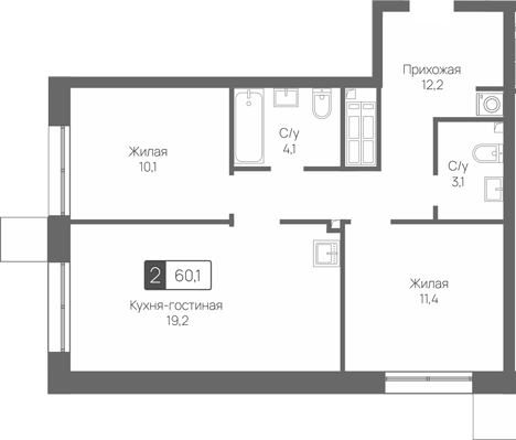 Планировка евротрёшка (3Е) 60.1 м² в ЖК «Сити квартал Отрада», корпус Терра (3)