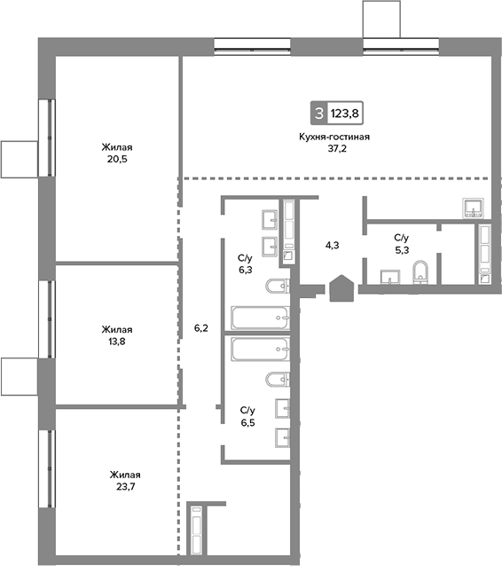 Планировка евро-4 (4Е) 123.8 м² в ЖК «Сити квартал Отрада», корпус Нова (2)