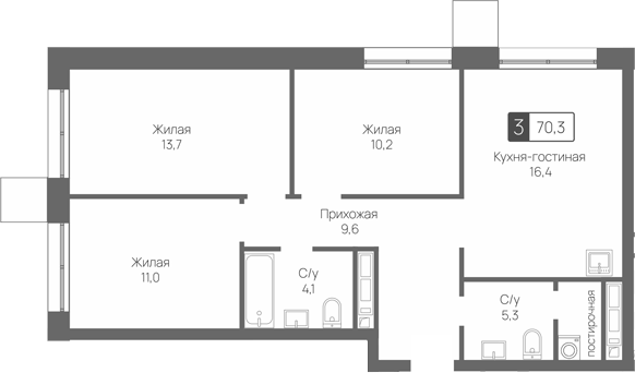 Планировка евро-4 (4Е) 70.3 м² в ЖК «Сити квартал Отрада», корпус Терра (3)