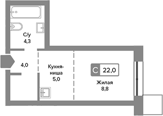Планировка Студии 22 м² в ЖК «Сити квартал Отрада», корпус Нова (2)