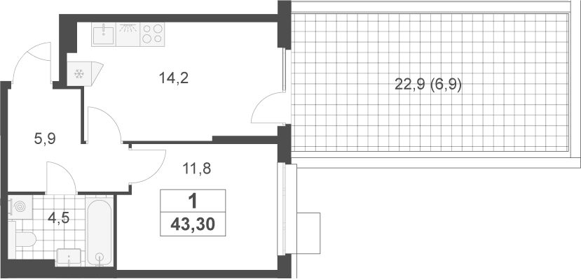 Планировка однокомнатная 43.3 м² в ЖК «Скандинавия», корпус 4А.1