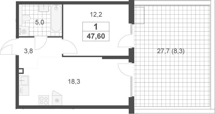 Планировка евродвушка (2Е) 47.6 м² в ЖК «Скандинавия», корпус 4А.2