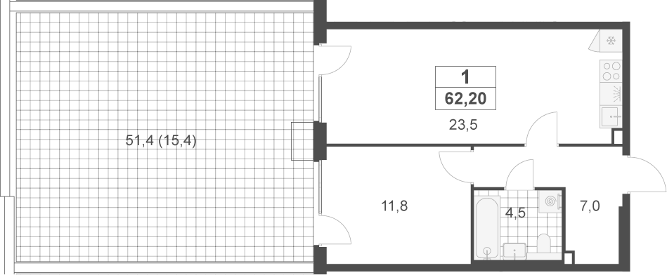 Планировка евродвушка (2Е) 62.2 м² в ЖК «Скандинавия», корпус 4А.3