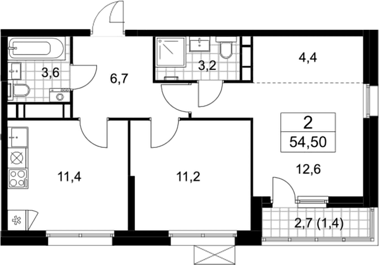 Планировка двухкомнатная 54.5 м² в ЖК «Скандинавия», корпус 25.5