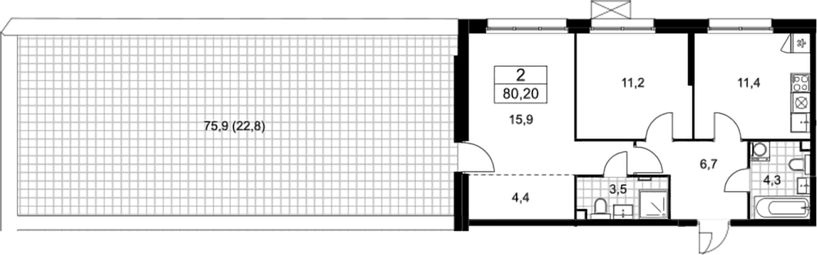 Планировка двухкомнатная 80.2 м² в ЖК «Скандинавия», корпус 25.4
