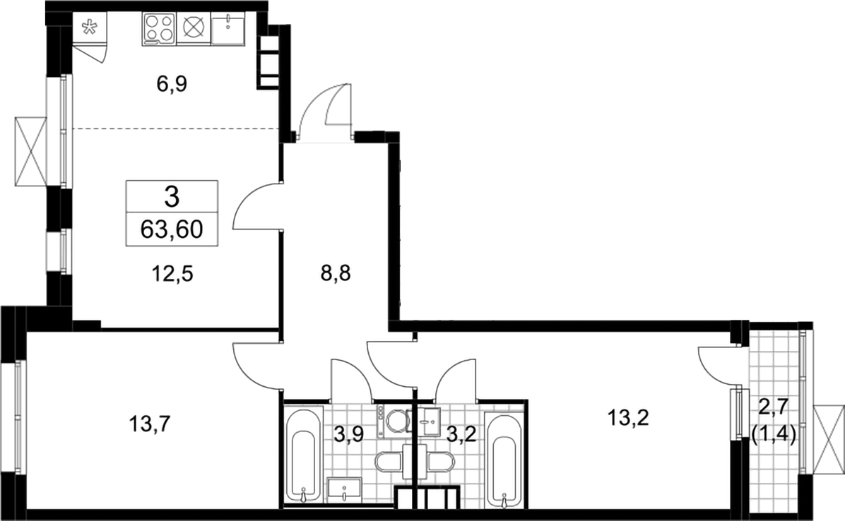 Планировка евротрёшка (3Е) 63.6 м² в ЖК «Скандинавия», корпус 25.4