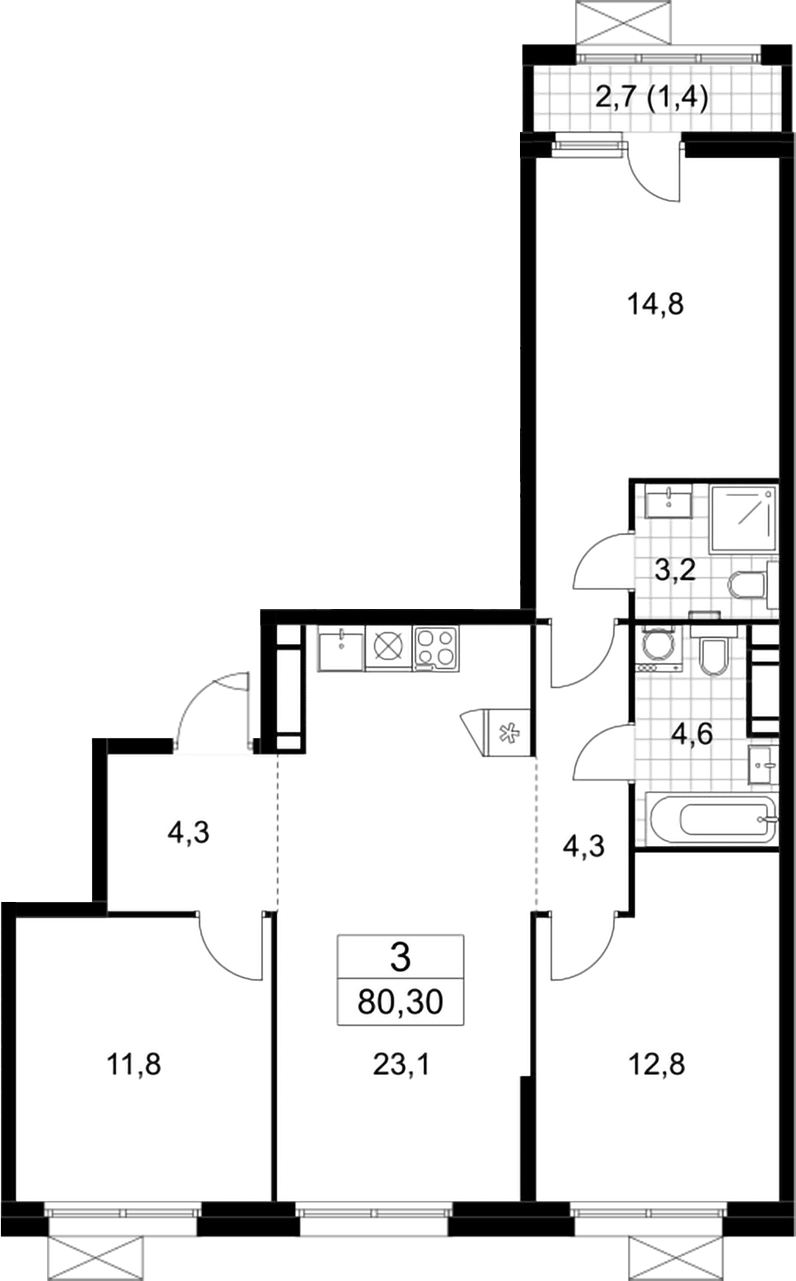Планировка трёхкомнатная 80.3 м² в ЖК «Скандинавия», корпус 25.5