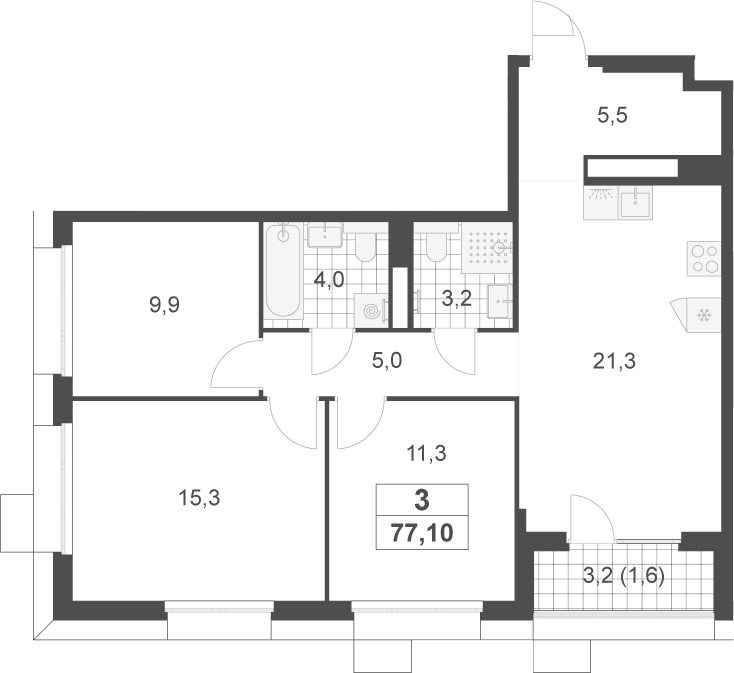 Планировка евро-4 (4Е) 77.1 м² в ЖК «Скандинавия», корпус 4А.3