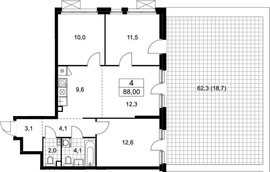 Планировка евро-4 (4Е) 88 м² в ЖК «Скандинавия», корпус 25.6