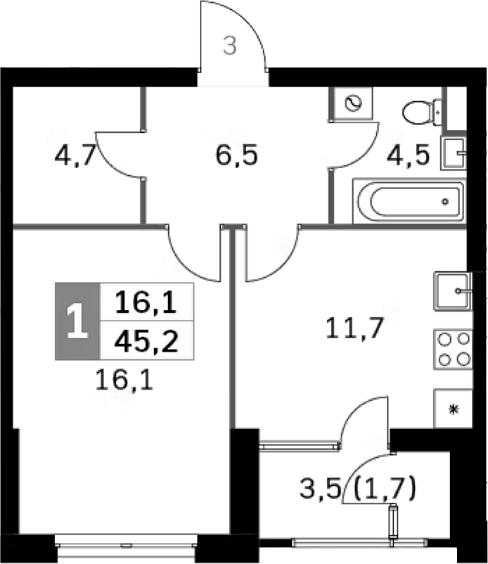 Планировка однокомнатная 45.2 м² в ЖК «Скай Гарден», корпус 1