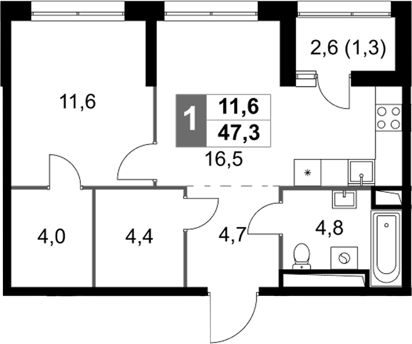 Планировка евродвушка (2Е) 47.3 м² в ЖК «Скай Гарден», корпус 3