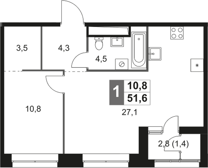 Планировка евродвушка (2Е) 51.6 м² в ЖК «Скай Гарден», корпус 2