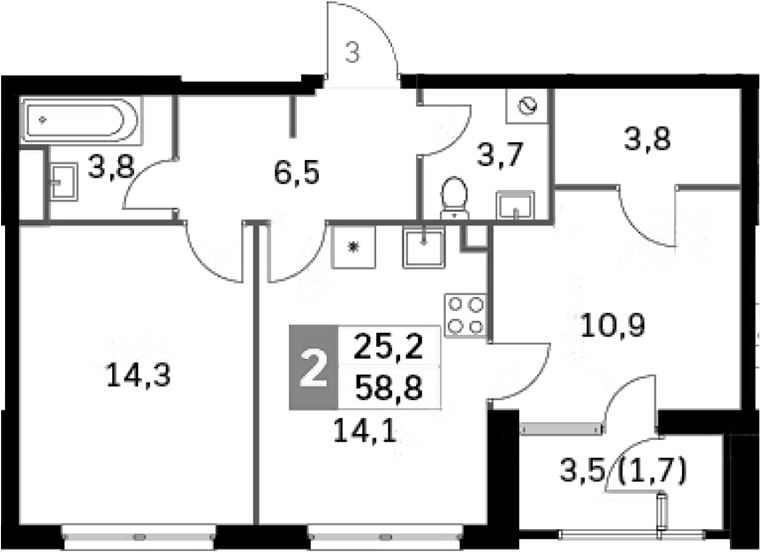 Планировка двухкомнатная 58.8 м² в ЖК «Скай Гарден», корпус 1