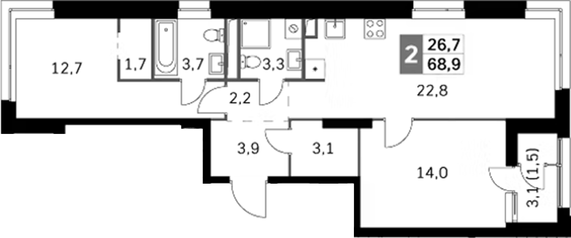 Планировка евротрёшка (3Е) 68.9 м² в ЖК «Скай Гарден», корпус 2