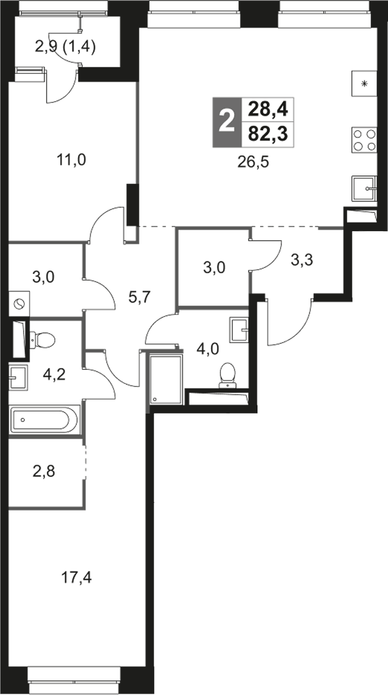 Планировка евротрёшка (3Е) 82.3 м² в ЖК «Скай Гарден», корпус 2