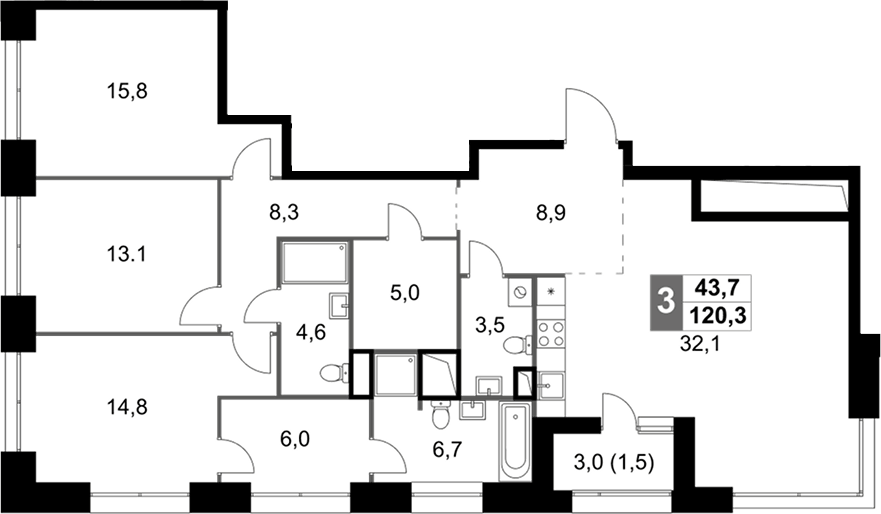 Планировка евро-4 (4Е) 120.3 м² в ЖК «Скай Гарден», корпус 3