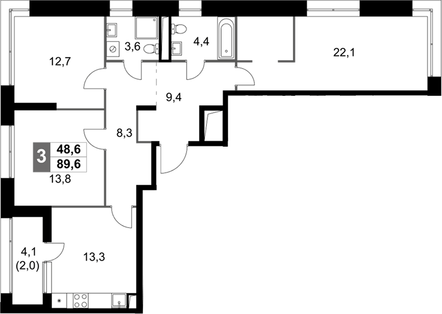 Планировка евро-4 (4Е) 89.6 м² в ЖК «Скай Гарден», корпус 3