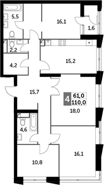 Планировка четырёхкомнатная 110 м² в ЖК «Скай Гарден», корпус 1
