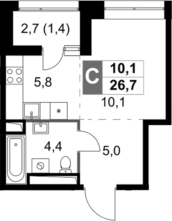 Планировка Студии 26.7 м² в ЖК «Скай Гарден», корпус 3