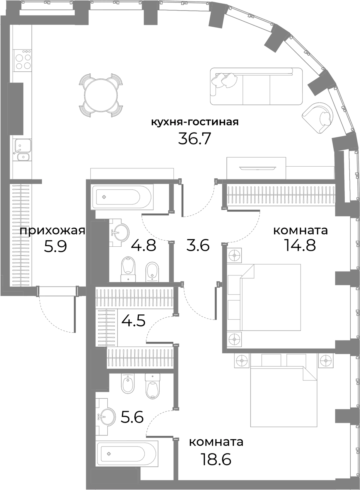Планировка евротрёшка (3Е) 94.5 м² в ЖК «Sky View», корпус С