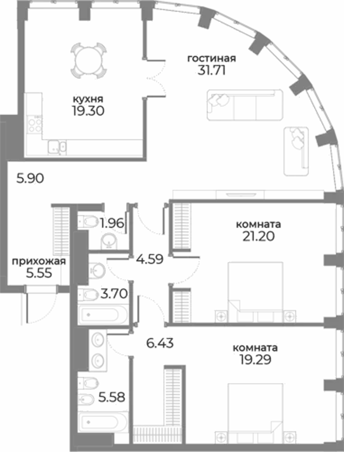 Планировка трёхкомнатная 125.21 м² в ЖК «Sky View», корпус С
