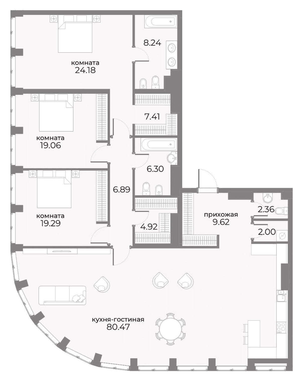 Планировка трёхкомнатная 194.9 м² в ЖК «Sky View», корпус С