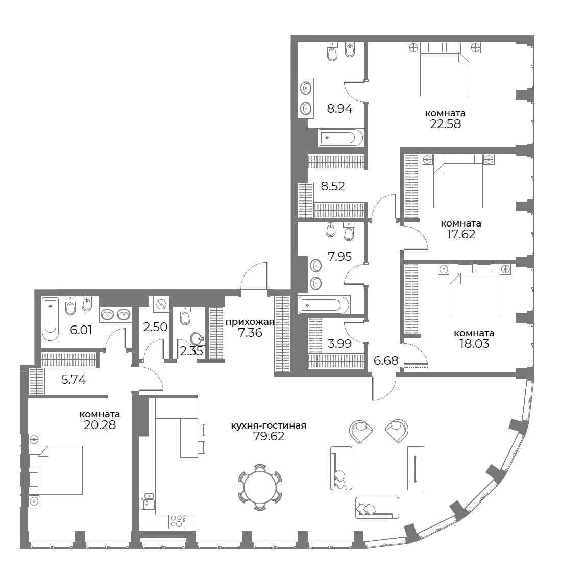 Планировка 5Е-к.кв 223 м² в ЖК «Sky View», корпус В