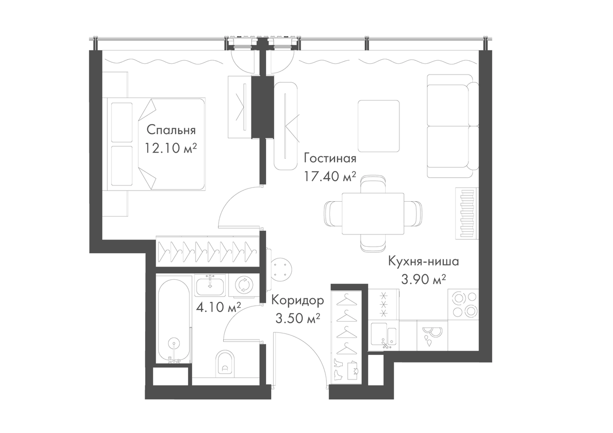Планировка евродвушка (2Е) 41 м² в ЖК «Слава», корпус А