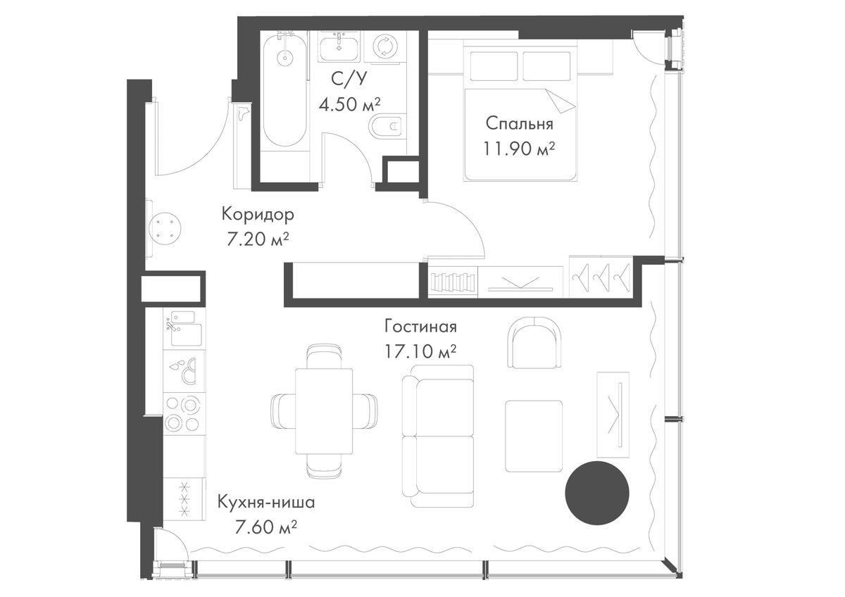 Планировка евродвушка (2Е) 48.3 м² в ЖК «Слава», корпус Г