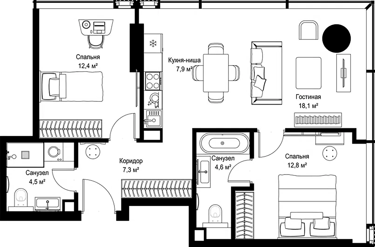 Планировка евротрёшка (3Е) 67.6 м² в ЖК «Слава», корпус Г
