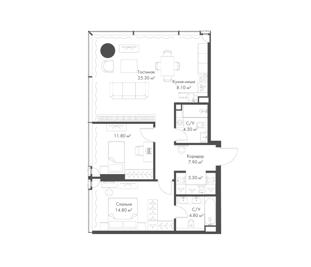 Планировка евротрёшка (3Е) 80.3 м² в ЖК «Слава», корпус Г