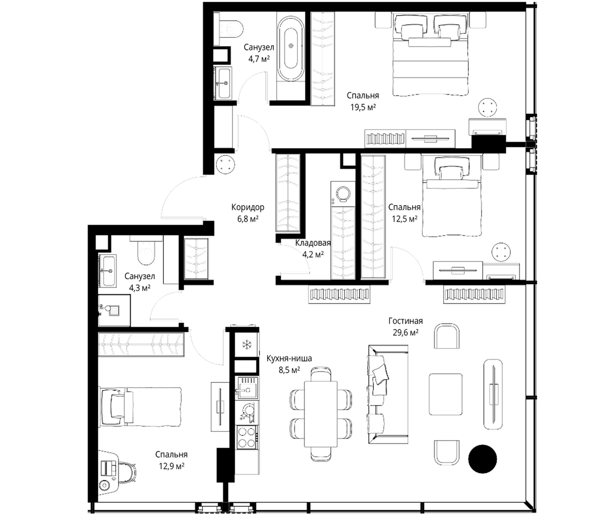 Планировка евро-4 (4Е) 103 м² в ЖК «Слава», корпус Б