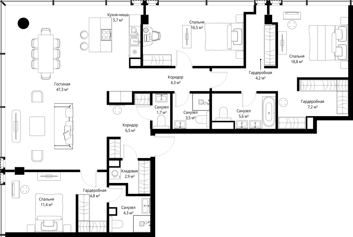Планировка евро-4 (4Е) 144.7 м² в ЖК «Слава», корпус А