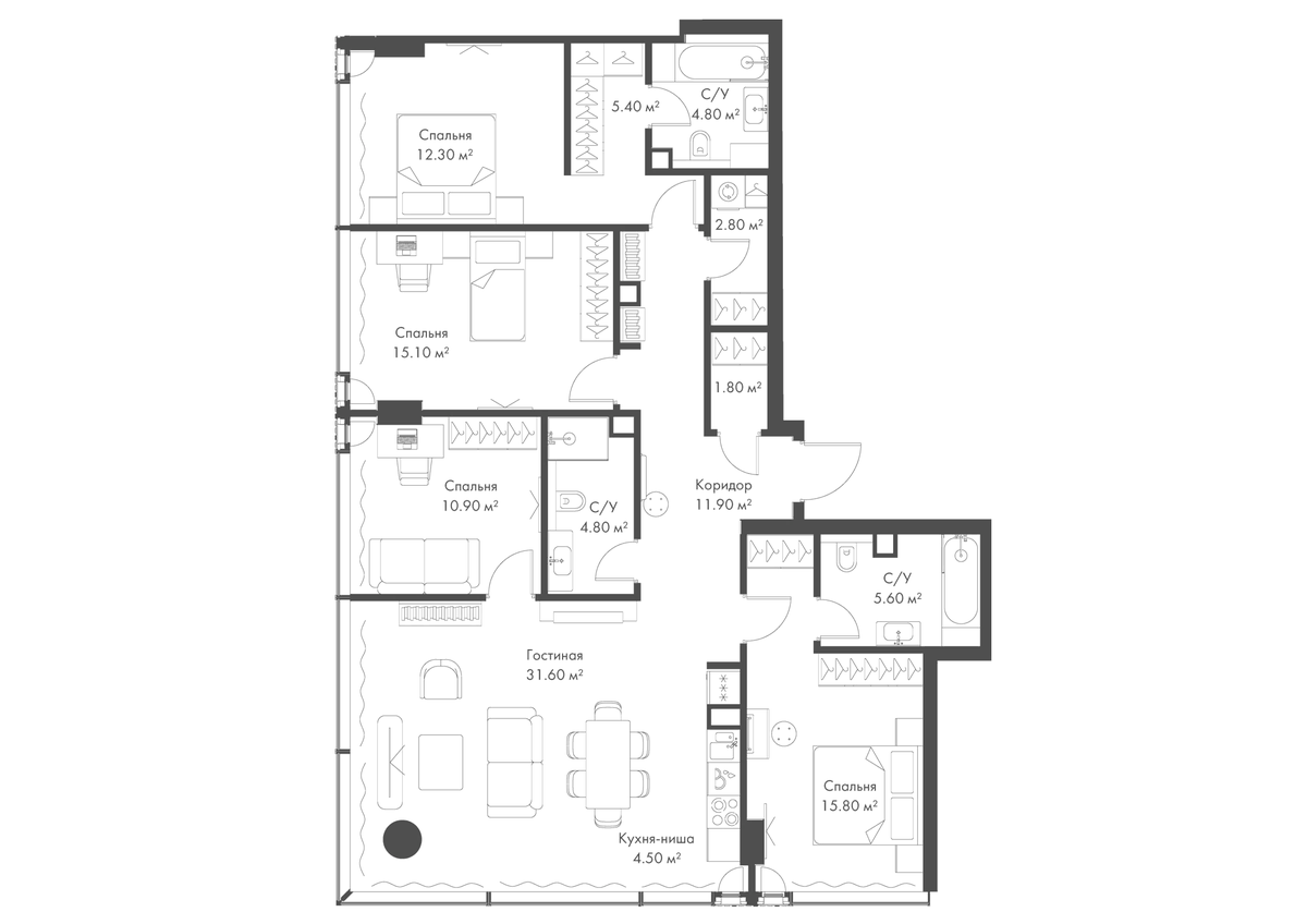 Планировка 5Е-к.кв 127.3 м² в ЖК «Слава», корпус А