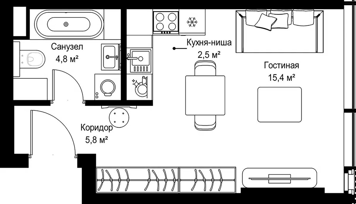 Планировка Студии 28.5 м² в ЖК «Слава», корпус Г