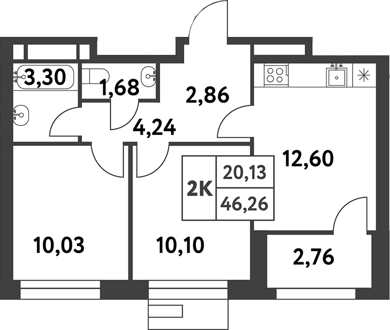 Планировка двухкомнатная 46.26 м² в ЖК «Смарт Гарден», корпус 1