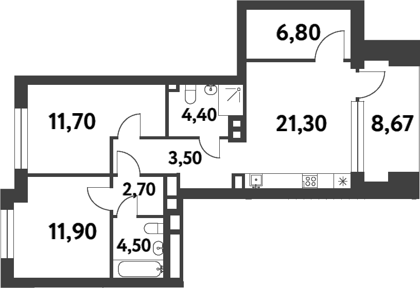 Планировка двухкомнатная 69.4 м² в ЖК «Смарт Гарден», корпус 1