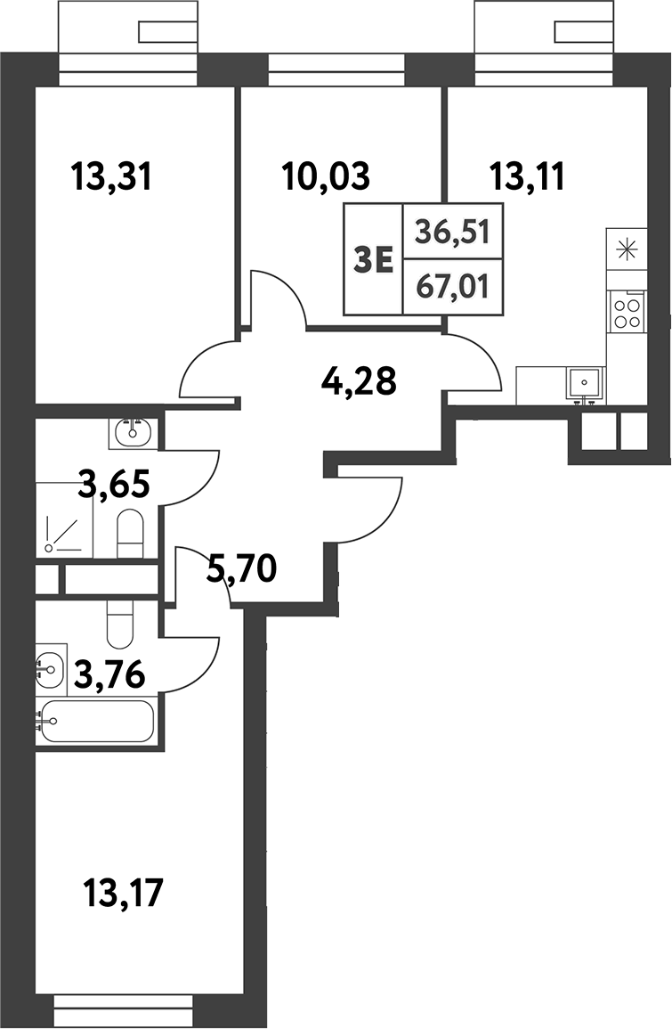 Планировка трёхкомнатная 67.01 м² в ЖК «Смарт Гарден», корпус 1