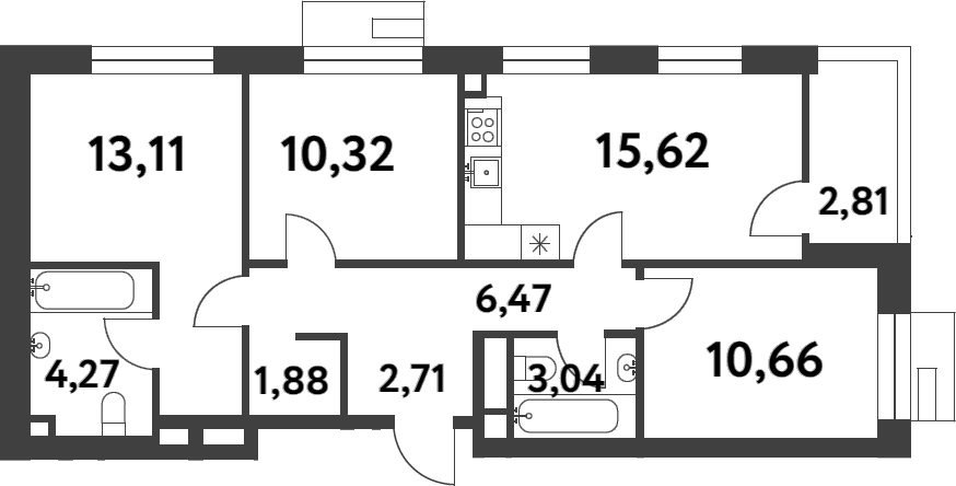 Планировка трёхкомнатная 69.49 м² в ЖК «Смарт Гарден», корпус 2